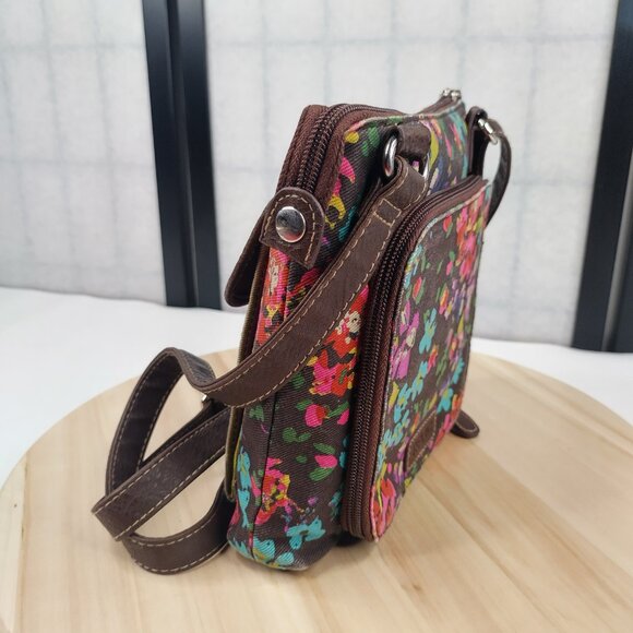 Relic Crossbody Purse Canvas & Faux Leather Trim Brown Floral & Stripes Small - Picture 3 of 15